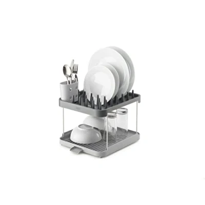 Immagine di Joseph Duo Scolapiatti da appoggio a 2 livelli per lavello cucina con scolaposate e beccuccio di scarico, Grigio