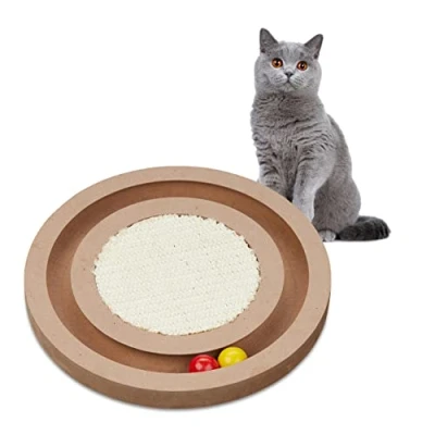 Immagine di Relaxdays Tiragraffi per Gatti con Palline, Ø 27,5 cm, Gioco Interattivo, Graffiatoio in MDF e Sisal, Cat Toy, Marrone