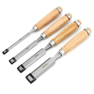 Immagine di QWORK® 4 Pezzi Scalpelli per Legno 6, 12, 19, 24mm, Set Professionale con Robusto Cappuccio in Metallo
