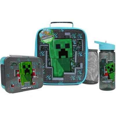 Immagine di Get Trend Minecraft Borraccia, Borsa Porta Pranzo e Merenda Bambini, 3Pz Set, Materiale Scolastico, Portamerenda BPA Gratuito, A Prova di Perdite (Multi Minecraft)