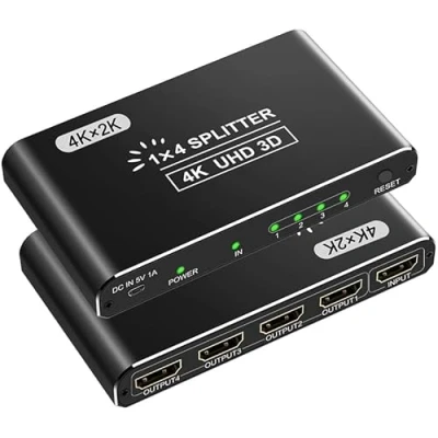 Immagine di Splitter HDMI 1 in 4 Out：Alluminio 1x4 Sdoppiatore per Monitor 4K Supporta HDCP1.4 3D 1080P Compatibile con Xbox/PS3/PS4/ Proiettore/HDTV/Lettore Blu Ray.
