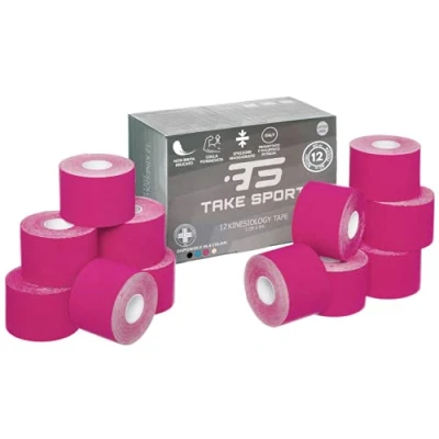 Immagine di TAKE SPORT, Kinesio, Kinesio tape, Nastro kinesiologico, Tape taping. 6 12 rotoli, 5 x 5m, 95% Cotone 5% Spandex, elastico. (12 Rosa)