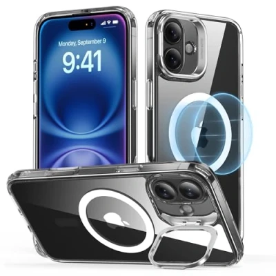 Immagine di ESR Cover per iPhone 16 Plus con Cavalletto,Magsafe Custodia Halolock, Protezione di livello militare, Supporto ad anello la fotocamera integrato,Trasparente