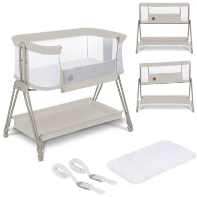 Immagine di lionelo LUNA lettino portatile con materasso, co sleeping, da neonato a 9kg, altezza e inclinazione regolabili, 4 ruote blocco, fissaggio al letto dei genitori, arioso affiancare