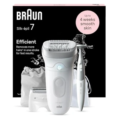 Immagine di Braun Silk épil 7 Depilatore Donna, Epilatore Elettrico Rifinitore Bikini Styler, Testina Ampia, Wet &amp; Dry, Pelle Liscia a Lungo, Con Per Rasoio 241, Bianco/Argento