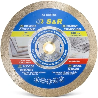 Immagine di S&amp;R disco diamantato 180 x 25,4 10 mm (1,6 extra sottile), da taglio per Gres fine, Piastrelle, Porcellana, Ceramica, Granito, Marmo, sega banco e tagliapiastrelle