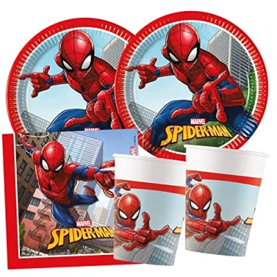 Immagine di Procos set per feste S Spider Man Crime Fighter, da 52 pezzi, 16 piatti, bicchieri, 20 tovaglioli, stoviglie usa e getta, feste, decorazione tavolo