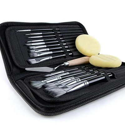 Immagine di Artify Set di pennelli da 15 pezzi per pittura ad acquerello olio acrilico a guazzo Include custodia trasporto pop up con spatola e 2 spugne Nero