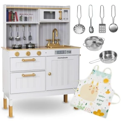 Immagine di Cucina in Legno Mamabrum per Bambini 3+ Set Completo con Grembiule, Accessori, Fornello, Pentole, Microonde, Forno e Lavello