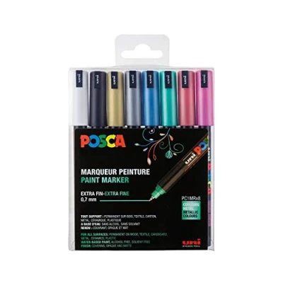 Immagine di Uni Ball 181709 Marcatore POSCA con punta calibrata, set da 8, metallizzato