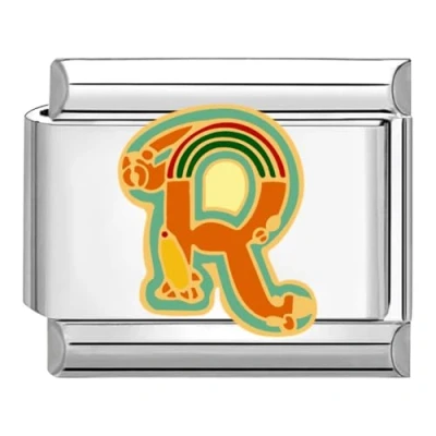 Immagine di Quiges Modulo Charm Link in Stile Italiano da 9 mm Acciaio Inox Alfabeto colorato R per bracciali Italian Links