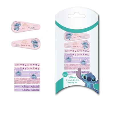 Immagine di stitch, set di 4 forcine e 8 elastici per capelli, colore rosa lilla, realizzati con materiali resistenti, stampa ispirata allo prodotto originale progettato in Spagna