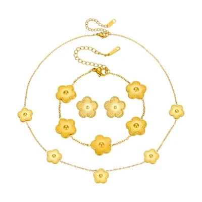 Immagine di Hanaoops Parure di Gioielli da Donna Collana Bracciale Orecchini Quadrifoglio Placcato Oro 18K Acciaio Inossidabile Fortunato Set per Donne e Ragazze (Oro)