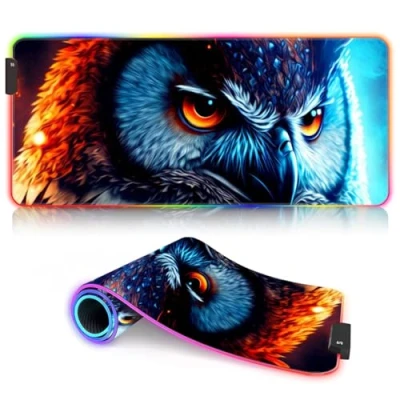 Immagine di BUBELS tappetino per mouse da gioco con gufo RGB XXL, 14 modalità di illuminazione, LED estesi, in gomma antiscivolo, computer, laptop, PC, scrivania,