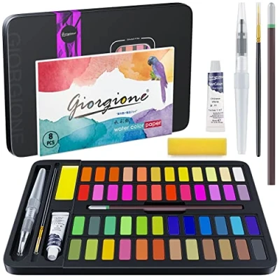 Immagine di Baozun Set colori ad Acquerello, Acquerello Composto da 48 acqua,1 Pennello,1 Pennello per Serbatoio D&#039;acqua,1 Matita,1 Spugna,8 Carte Principianti e Professionisti
