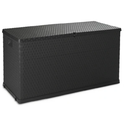 Immagine di Toomax baule portaoggetti Multibox Rattan in plastica con effetto rattan, volume da 420 litri, colore antracite, dimensioni di 120x56x63h cm, protezione ai raggi UV.