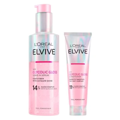 Immagine di L&#039;Oréal Paris Elvive Glycolic Gloss Balsamo + Siero Senza Risciacquo per Capelli Spenti e Porosi Lucentezza Intensa Duratura con Acido Glicolico 2 flaconi da 150 ml