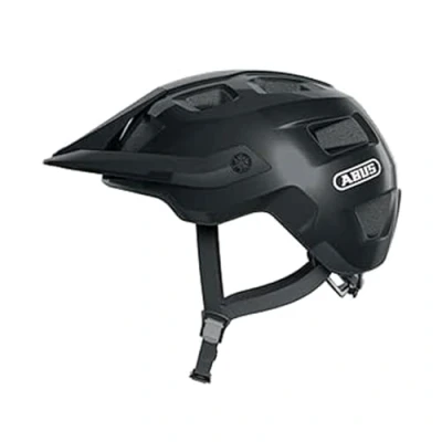 Immagine di ABUS casco MTB MoTrip robusto da bici con visiera regolabile in altezza per mountain biker vestibilità personalizzata unisex nero lucido, L, L (57 61 cm)