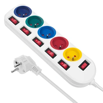 Immagine di Maclean Prolunga elettrica Ciabatta con interruttori da 1,5 m Presa multipla a 5 vie Tipo E Protezione bambini Spina FR Max. sovratensione 10A (Bianco/rosso)