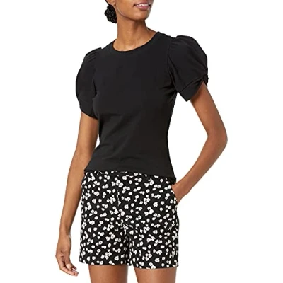 Immagine di Amazon Essentials Maglietta Girocollo a Maniche Corte con Sbuffo e Vestibilità Classica Donna, Nero, XL
