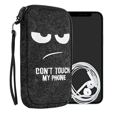 Immagine di kwmobile Custodia in Feltro con Zip per Smartphone XL 6,7/6,8&quot; Astuccio portacellulare a Sacchetto Cerniera e Ricamo Borsa Muso Felino Bianco/Grigio Scuro