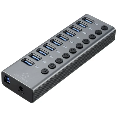 Immagine di Renkforce RF 6027504 10 Porte Hub USB 3.1 Commutabile singolarmente, Contenitore in alluminio Argento/Nero