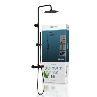 Immagine di SCHÜTTE AQUADUCT 60074, sistema doccia con termostato, set grande a pioggia (Ø 25 cm) e doccetta regolabile, rubinetto, pannello colonna, nero