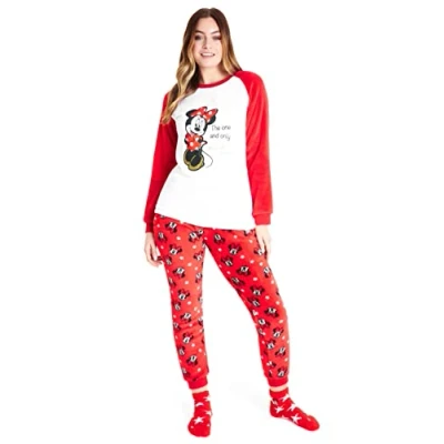 Immagine di Disney Pigiama Donna Invernale in Pile con Calze Stitch Topolino Minnie Baby Yoda (Rosso Bianco Minnie, L)