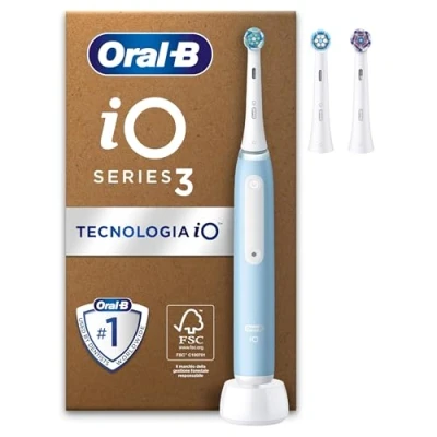 Immagine di Oral B Spazzolino Elettrico Ricaricabile iO 3N, Sensore di Pressione, Timer Anello Luminoso, 3 Modalità Spazzolamento, Testine, 1 Spazzolini, Custodia Viaggio, Blu, Idea Regalo