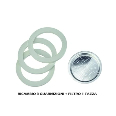 Immagine di Sicignano Set 3 Guarnizioni e 1 Filtro Per Modello a Tazza, Bianco/Argento Caffettiera Caffè Moka