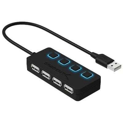 Immagine di SABRENT Hub USB 2.0 [4 Porte], Ciabatta Multipresa USB, Sdoppiatore con Singoli Interruttori ON/OFF e Spie LED [Ricarica NON supportata] per laptop, PC (HB UMLS)