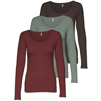 Immagine di ONLY Confezione da 3 maniche lunghe donna, a lunghe, colore nero e bianco, basic estive, 95% cotone, XS S M L XL 15209156, colori misti 7,