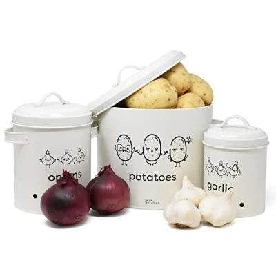 Immagine di Joejis porta aglio e cipolla Set di 3, contenitori per alimenti in metallo con coperchio circolazione dell&#039;aria a 360 contenitore patate Crema
