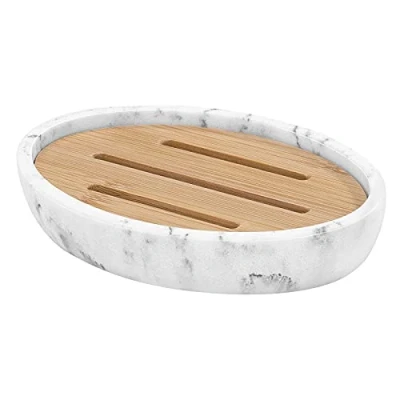 Immagine di Luxspire Portasapone in Resina, Scatola di Sapone, Porta Sapone da Bagno, con Chip bambù, Doppio Strato Vassoio per Casa Doccia, Cucina Bianco Sabbia