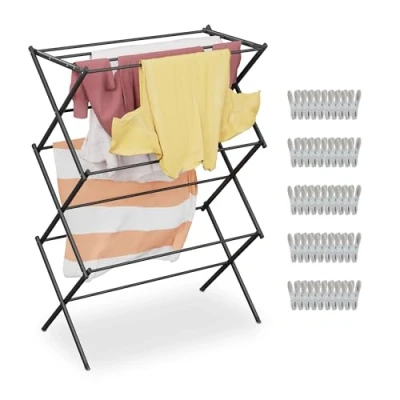 Immagine di Relaxdays Stendibiancheria Pieghevole, Stendino Verticale a Torre con 11 Aste e 6 Livelli, Salvaspazio, in Ferro, Nero, 102 x 74 38 cm