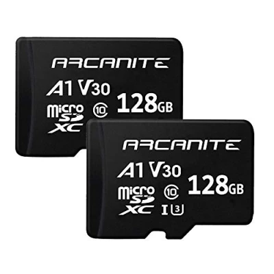 Immagine di ARCANITE, set da 2 schede di memoria microSDXC 128 GB, UHS I U3, A1, V30, 4K, C10, MicroSD, Velocità lettura fino a 90 MB/s senza adattatore