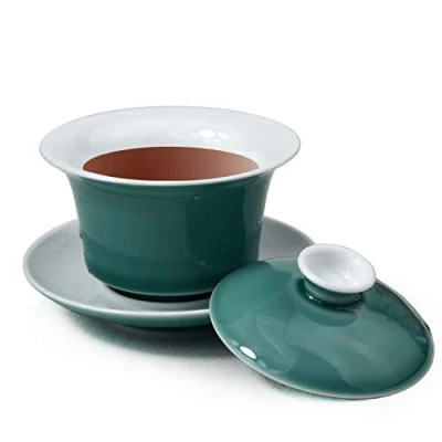Immagine di Liang baobao Set di tazze da tè in porcellana Gaiwan 150 ml, colore: bianco smaltato, con coperchio e piattino (verde)