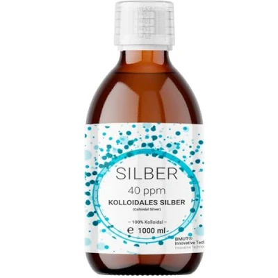 Immagine di 1 x argento colloidale da 1000 ml (40 ppm) in bottiglia di vetro ambrato, acqua argentata, pura, 100%