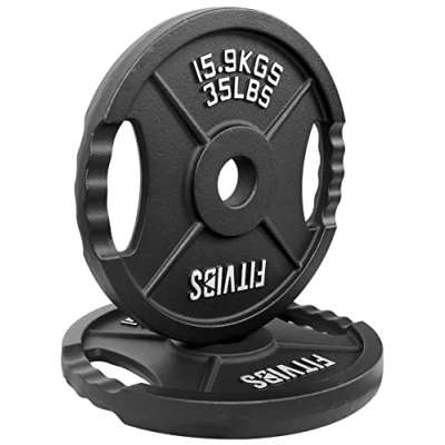 Immagine di Signature Fitness Olympic Piastra in ghisa da 5,1 cm, per allenamento di forza e sollevamento pesi, stile a due fori, 15,9 kg, coppia