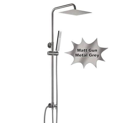 Immagine di Görbach Colonna Doccia in Acciaio INOX senza Rubinetto, Set a Pioggia con Soffione e Doccetta, Asta Saliscendi Fori Muro Regolabili, quadrato 20 x cm, Grigio Canna