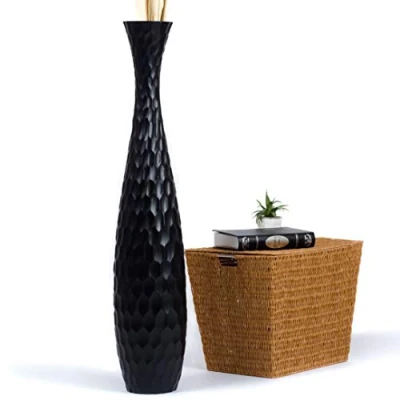 Immagine di Leewadee Grande Vaso Da Terra: Alto Stile Boho In Legno Di Mango Per Rami Pampa, 110 cm, Nero