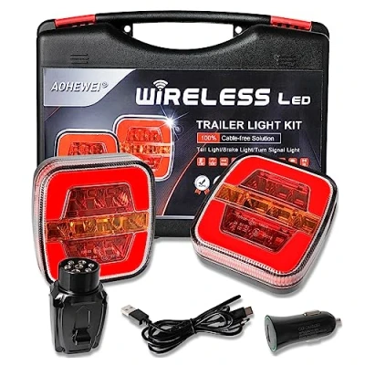 Immagine di AOHEWEI Set di luci posteriori per rimorchio a LED wireless magnetiche 12/24 V, dinamiche impermeabili senza cavo con magnete ECE EMC approvate rimorchio, roulotte o camion