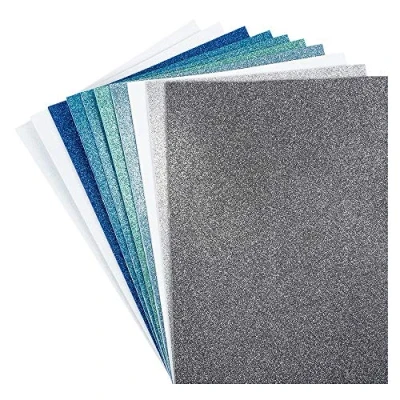 Immagine di 10 Fogli di gomma espansa glitterati in schiuma EVA Carta Crepla con glitter Autoadesivi Formato DIN A4 Per lavori bricolage (Bianco, Argento, Blu)