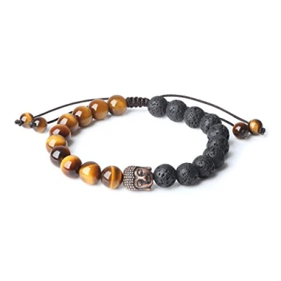 Immagine di COAI Bracciale Regolabile Unisex in Pietra Lavica e Occhio di Tigre Marrone, Mala Pietre Benefiche con Inserto Testa del Buddha