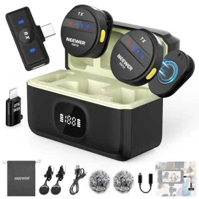 Immagine di NEEWER Microfono Lavalier Wireless per iPhone, Anti Rumore, Mini Mic con USB C/OTG/Custodia di Ricarica Batteria 24h 200m a lungo raggio Video Compatibile iPhone 16 15 Android Phone PC, KM18