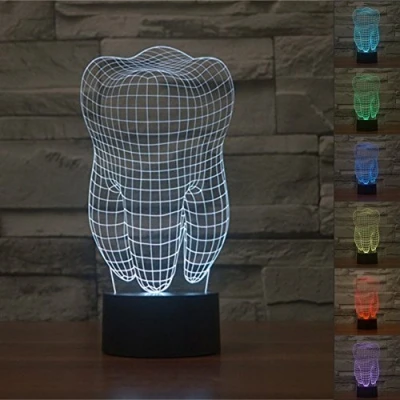Immagine di KINGCOO 3D Lampada da Tavolo, Optical Illusion Visiva illuminazione luce Notturna 7Cambiamento Colore Pulsante Touch USB Atmosfera Notte LED (Dente)