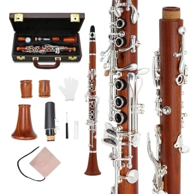 Immagine di Yinfente Chiave intermedia per clarinetto in palissandro massiccio legno placcato argento con custodia 17 chiavi + ance cuscinetti (chiave eb)
