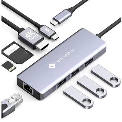 Immagine di NOVOO Hub USB C 8 in 1 Adattatore a HDMI 4K, 3.0 x 3, Gigabit Ethernet, Alimenta PD 100W, Riproduzione di schede SD/TF, Multiporta per Macbook Air Pro