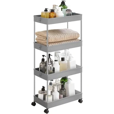 Immagine di SONGMICS Carrello Portaoggetti a 4 Livelli, con Ruote, da Cucina Salvaspazio in Bagno Ufficio, 22 x 40 88 cm, Grigio Tortora KSC010G01