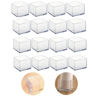 Immagine di 16 protezioni quadrate da 40 x mm, in silicone, per gambe della sedia, coprigambe sgabello prevenire graffi sul pavimento legno e ridurre il rumore